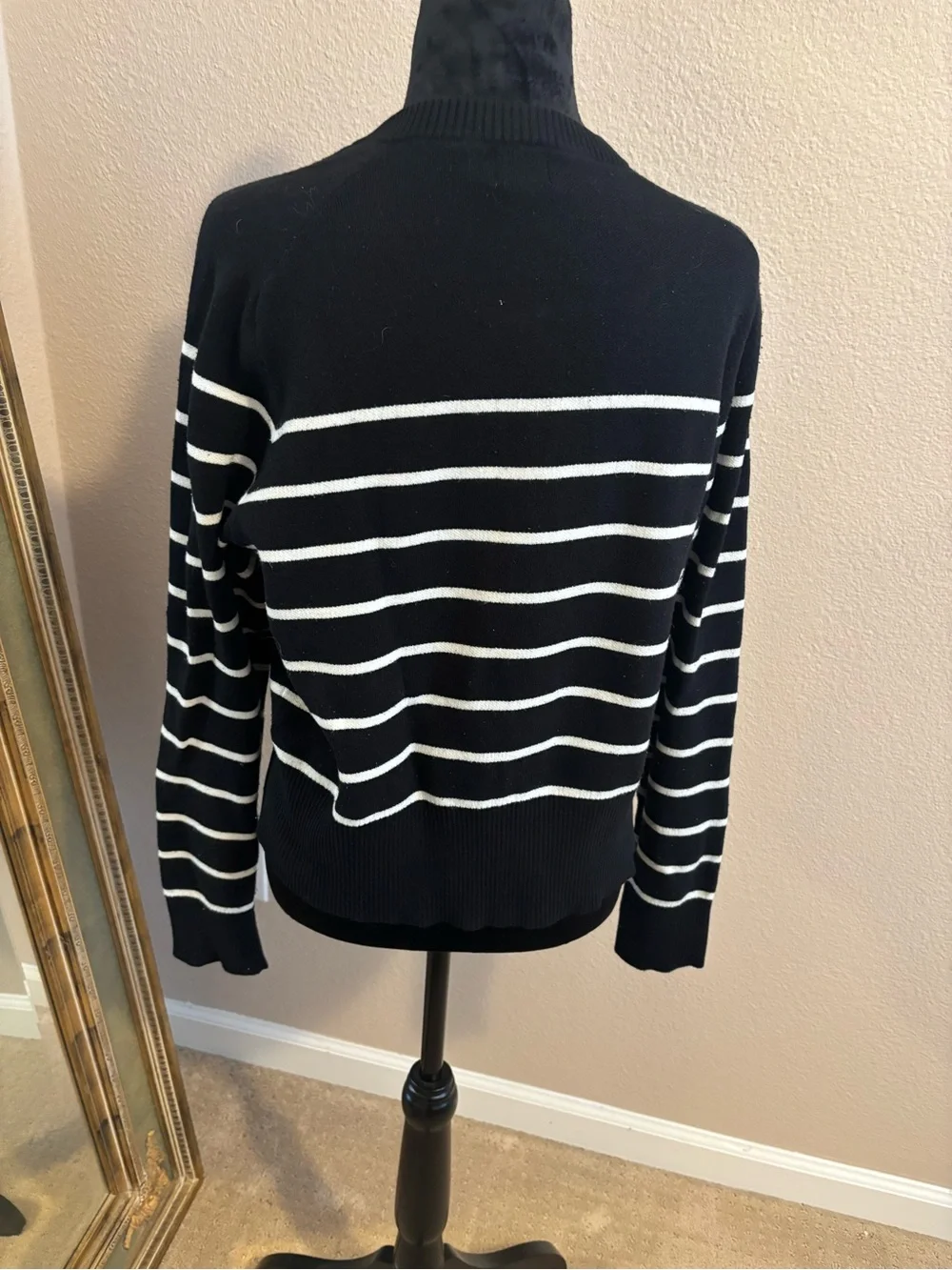 a new day Black & White Striped Crewneck Cardigan with Gold Buttons